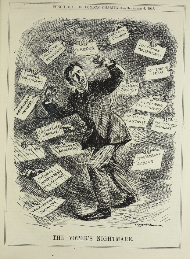 Eine Zeichnung eines Mannes in Anzug und Krawatte, der ein Schild hält, auf dem steht "Der Wähleralbtraum" und einen entschlossenen Gesichtsausdruck hat.