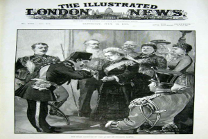 Ein altes Buch mit einem Schwarz-Weiß-Coverbild der Queen Elizabeth II und Prinz Philip, Herzog von Edinburgh, betitelt mit "The Illustrated London News".