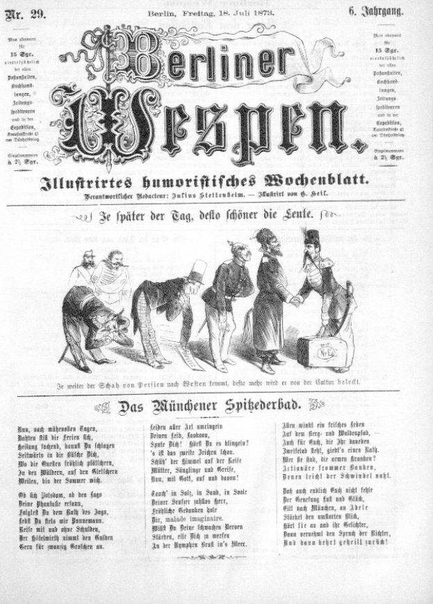 Alte Zeitung mit der Schlagzeile "Berliner Wespen" vom Juli 1873, die eine Karikatur eines verzweifelten Mannes mit Zylinder und einer Frau in einem Kleid zeigt.