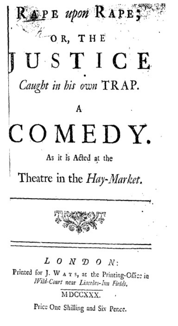 Schwarz-weißes Plakat mit fetter schwarzer Schrift, die den Text "Vergewaltigung über Vergewaltigung oder die Justiz in ihrer eigenen Falle" trägt, wahrscheinlich Ankündigung einer Comedy-Show.