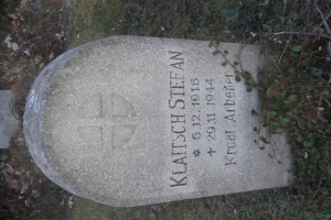 Ein Grabstein in einem grünen Friedhof mit Pflanzen, darauf eingraviert der Name "Klatsch Stefan" und seine Daten.