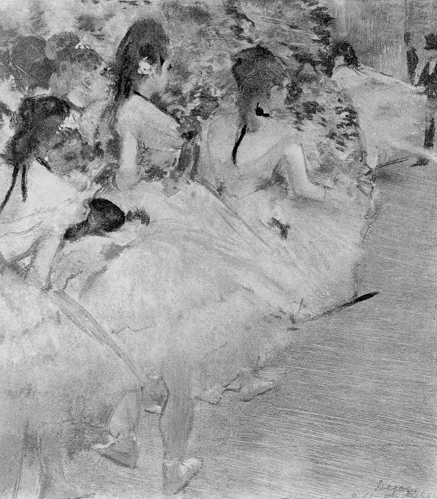 Eine Schwarz-Weiß-Zeichnung einer Gruppe von Tänzern in einem Studio, mit einem Tänzer in der Mitte, alle tragen bunte Tutus und Spitzenschuhe, vor einem unscharfen Hintergrund mit Text unten.