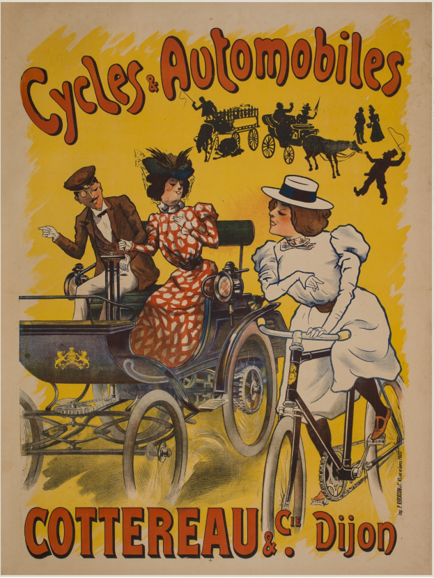 Ein Vintage-Plakat, das Fahrräder und Automobile in Cottereau und Dijon, Frankreich, bewirbt, zeigt Menschen, die Fahrräder fahren und eine Kutsche mit dem Text "Fahrräder und Automobile" oben.
