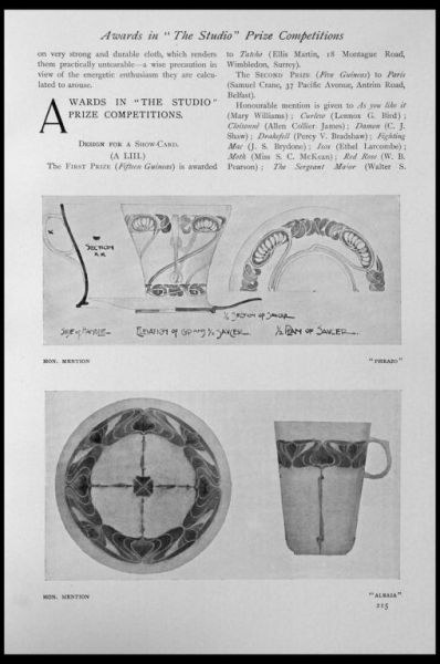 Schwarze und weiße Zeichnung einer Tasse und eines Untersetzers mit einem Design, eingerahmt von einem schwarzen Rand, und Text, der "Awards in the Studio Prize Competitions" liest.