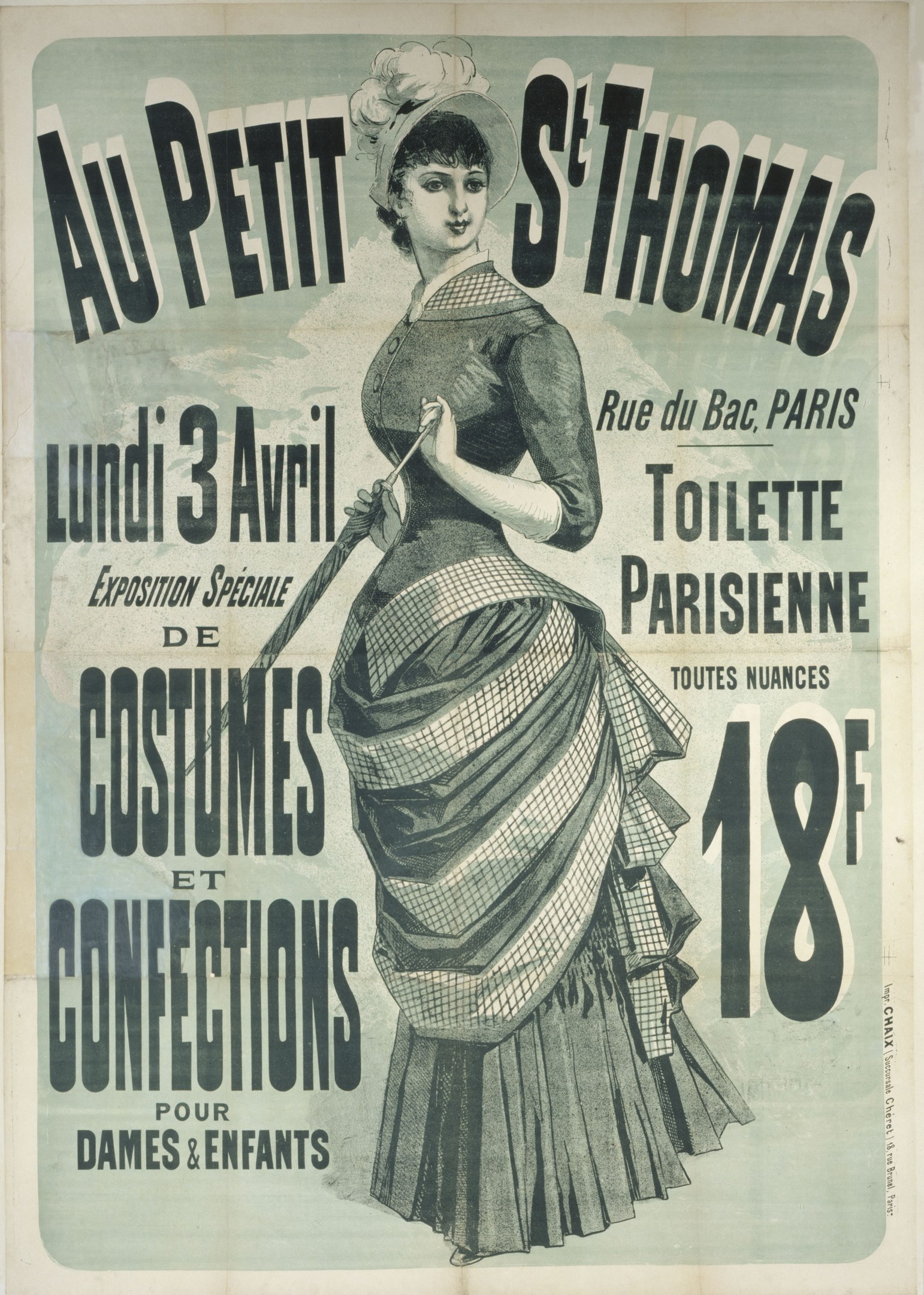 Ein Vintage-Plakat, das eine Kostümvorstellung bewirbt, zeigt eine Frau in einem langen, hochgeschlossenen, langärmligen Kleid mit einem Dutt, die anmutig mit gefalteten Händen posiert.