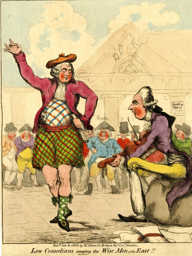 Cartoon eines Mannes in einem Kilt und einer Frau in einem Kleid, die vor einem Publikum auf einem Gebäude unter einem bewölkten Himmel auftreten, mit Text unten, der 'Niedrige Komiker, die die weisen Männer des Ostens unterhalten' lautet.