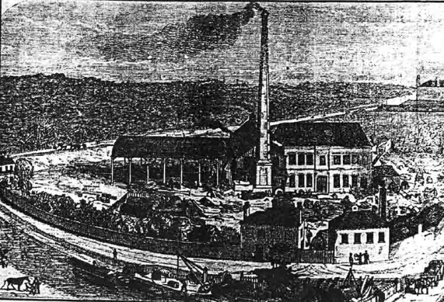 Eine Schwarzweiß-Zeichnung einer Fabrik in einem Feld mit Gebäuden, Bäumen und einem Mast im Vordergrund und Text unten, der "The New York State Penitentiary" lautet.