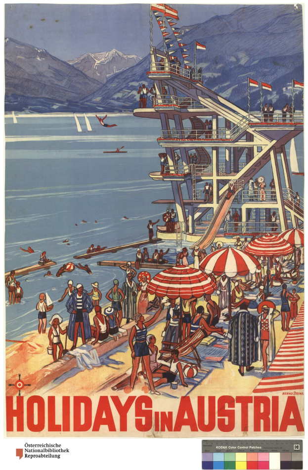 Plakat, das Urlaube in Österreich bewirbt, zeigt Menschen am Strand mit Schirmen, einem Schiff, winkenden Flaggen und fernen Bergen.