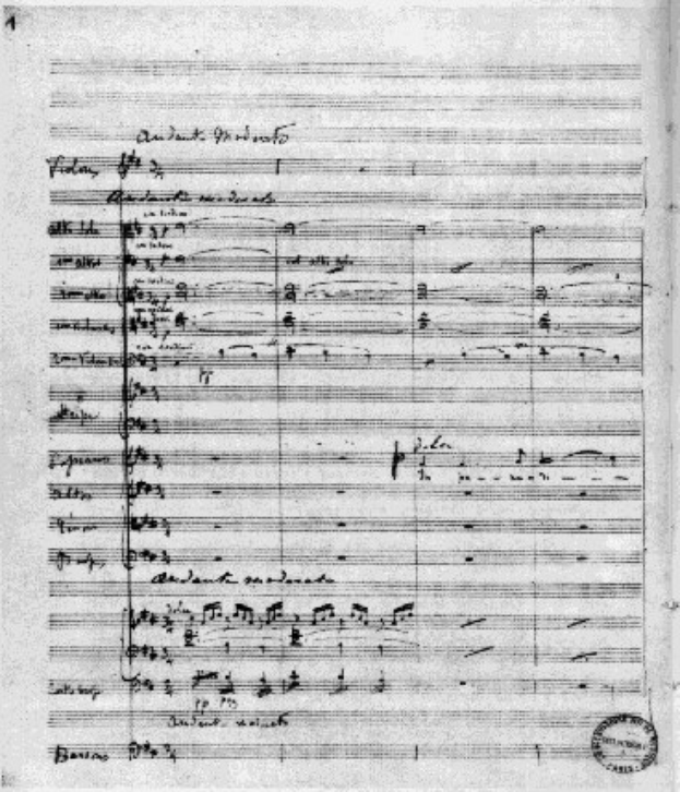 Schwarze und weiße Notenblätter mit der Aufschrift "Johann Sebastian Bach - Symphony No. 4 in G Major, Op. 63" und einem Stempel in der rechten unteren Ecke.