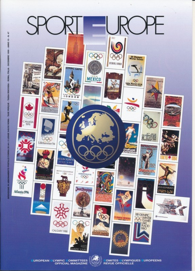 Ein Buchumschlag mit dem Titel "Sport in Europa", der farbenfrohe Designs und verschiedene olympische Symbole und Bilder zeigt, die mit den Olympischen Spielen in Europa in Verbindung stehen.