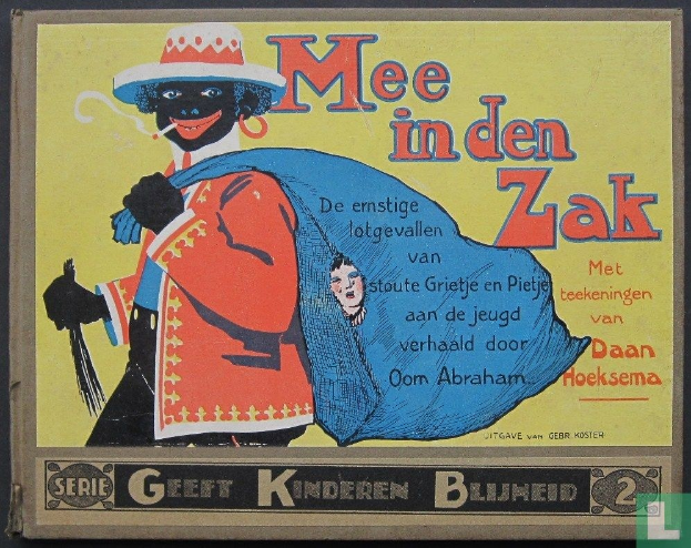 Plakat auf schwarzem Hintergrund mit dem Text "mee in den zak" und einem Bild einer Person mit weißem Hemd und blauer Mütze, die verschmitzt aussieht.