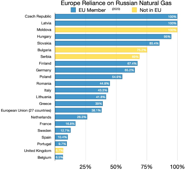Eine Balkendiagramm, das die Abhängigkeit Europas von russischem Erdgas zeigt, mit Prozentangaben und Texten, die die Investitionsniveaus angeben.