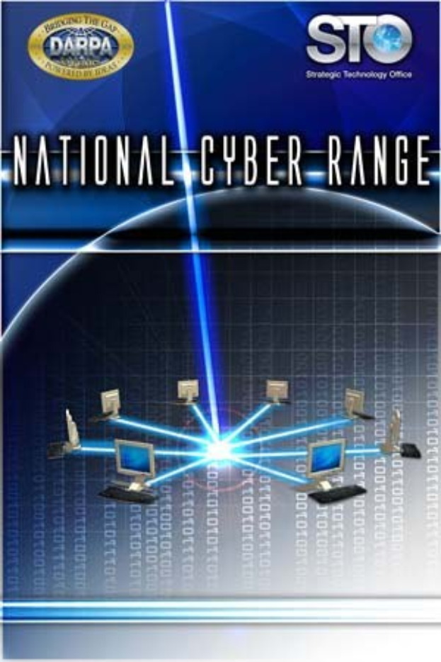 Plakat mit "Nationales Cyber-Range" in fetter weißer Schrift auf einem blauen Hintergrund, das eine Weltkugel mit mehreren angeschlossenen Computern zeigt.