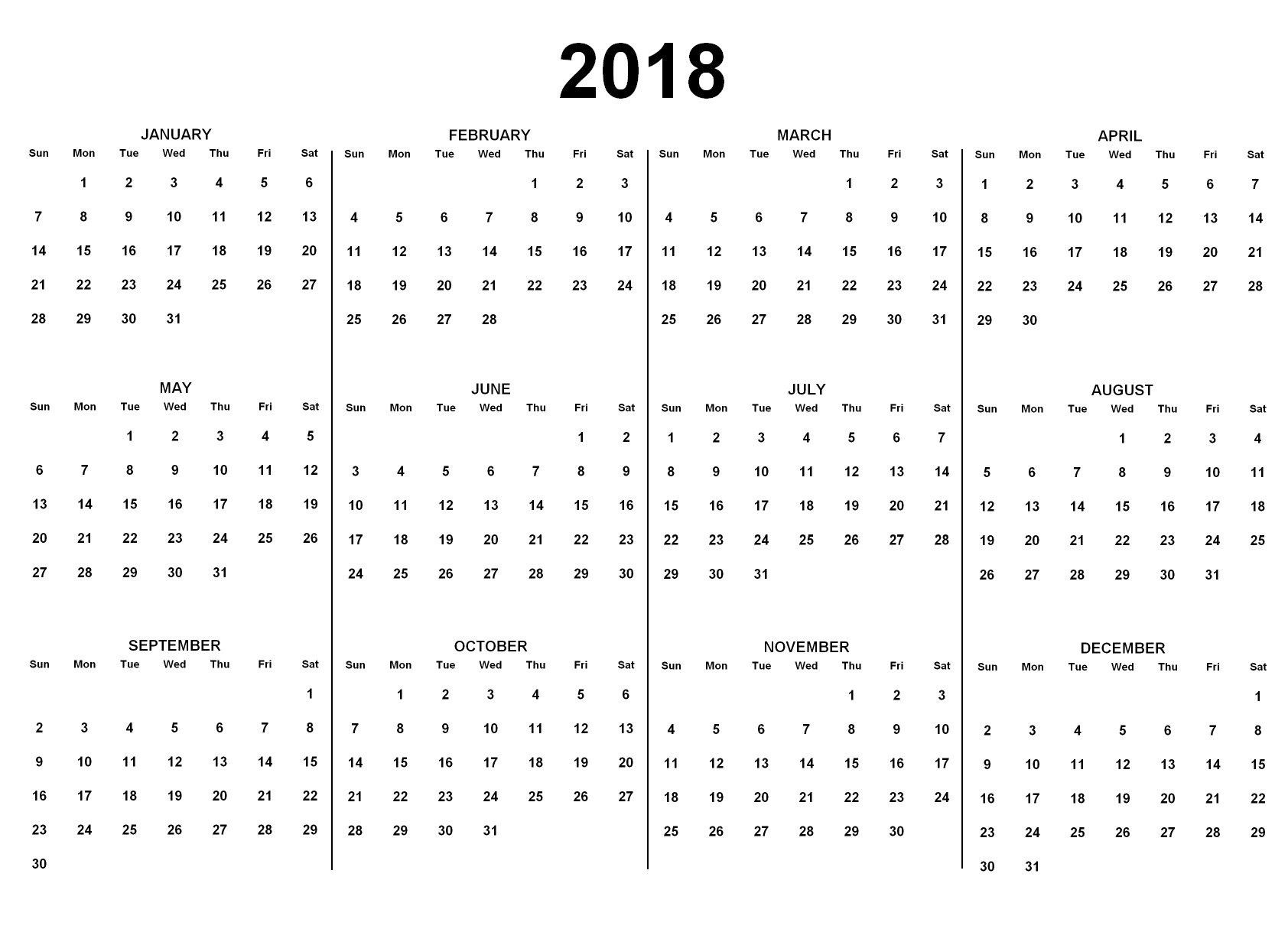 Ein schwarz-weißer 2018-Kalender, der die Feiertage der USA auf einem weißen Hintergrund anzeigt, mit den Tagen nach Wochen in fetter schwarzer Schrift.