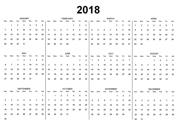 Ein schwarz-weißer 2018-Kalender, der die Feiertage der USA auf einem weißen Hintergrund anzeigt, mit den Tagen nach Wochen in fetter schwarzer Schrift.