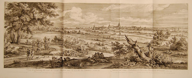 Offenes Buch mit der Aufschrift 'Ansicht der Schlacht von Castellum und Castellium aus der Illustrated London News', das eine Landschaft mit einer Gruppe von Menschen im Vordergrund, Bäumen, Pflanzen und Gebäuden im Hintergrund und Wolken am Himmel zeigt.