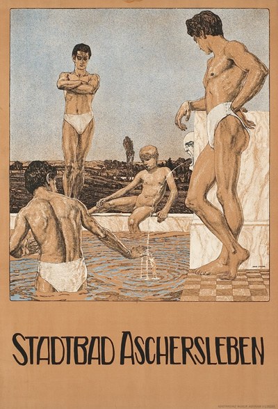 Plakat zur Werbung für ein Schwimmbad in Aschersleben, Deutschland, das Menschen im Wasser zeigt, darunter einen sitzenden, und Text mit Pool-Informationen.