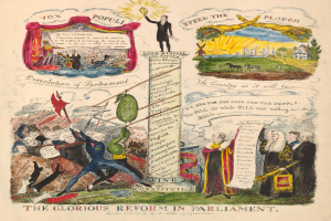 Ein Papier mit leuchtenden Farben und detaillierten Elementen, das fette Texte und Bilder von verschiedenen, lächelnden Menschen enthält und die Hoffnung und Optimismus in der Parlamentsreform symbolisiert.