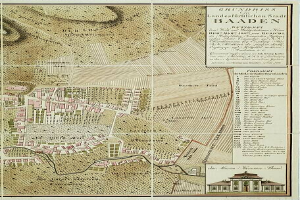 Ein detailliertes altes Stadtplan von Baden-Württemberg, Deutschland, das Straßen, Gebäude und Sehenswürdigkeiten zeigt, mit einem Gebäude in der rechten unteren Ecke und Text, der Stadtinformationen bereitstellt.