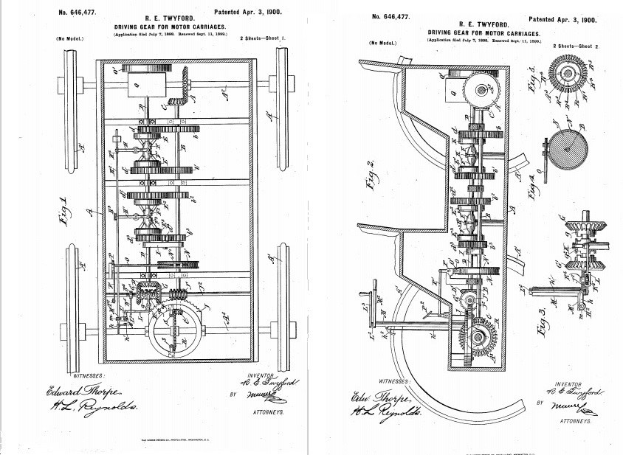 Ein detailliertes Bild einer Maschine mit zahlreichen Zahnrädern, das als erstes Patent für ein Auto gilt, auf einem weißen Papier mit begleitendem Text.