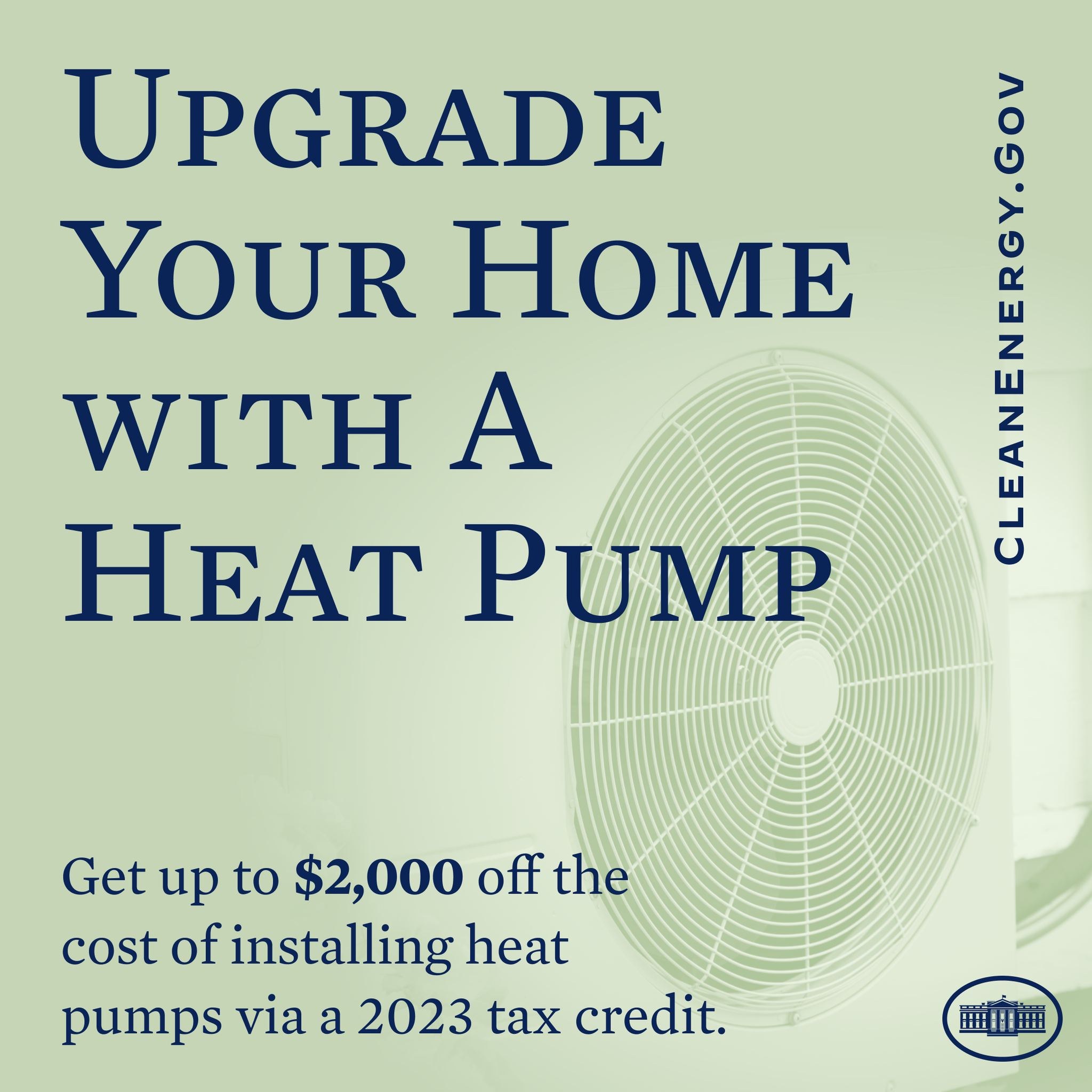 Plakat zur Werbung für Heizpumpen-Upgrades, das ein Bild einer Heizpumpe und den Text "Upgrade Your Home with a Heat Pump" zeigt.