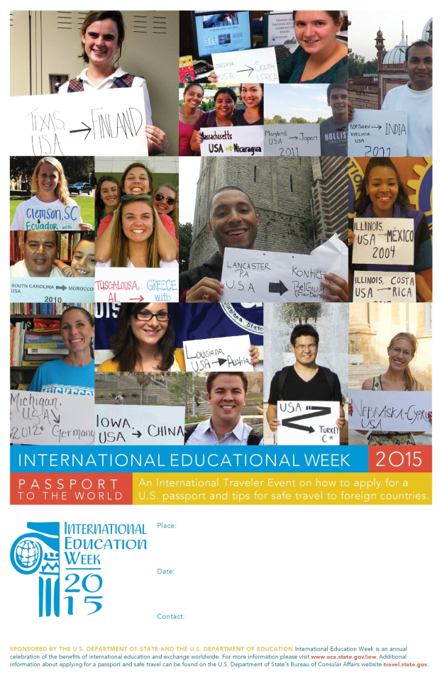 Plakat für die Internationale Bildungswoche 2015 mit einer Gruppe strahlender Menschen, die Schilder halten.