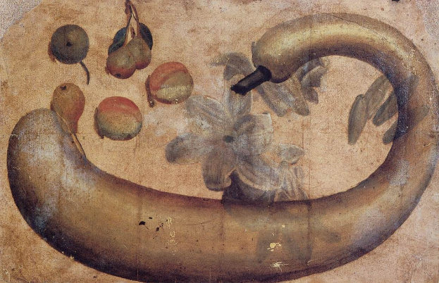 Gemälde einer Banane mit einer Blume darauf, umgeben von verschiedenen Früchten und Blättern auf einem Papier mit leuchtenden Farben und klaren Details.