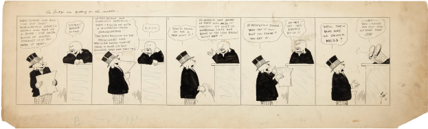 Ein Comic-Strip-Panel mit einem Mann in Zylinder und einer Frau in einem Kleid, die sich in einer Diskussion befinden, wobei der Mann ein Stück Papier mit Text hält.