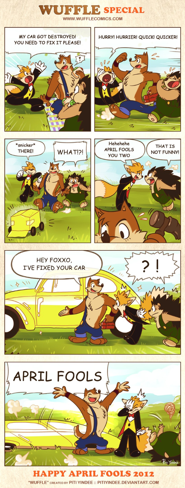 Ein Comic-Strip-Plakat mit der Überschrift "April Fools" zeigt einen Cartoon-Mann und eine -Frau in einem Gespräch vor einem hellblauen Himmel mit weißen Wolken, einer gestikuliert mit den Händen.