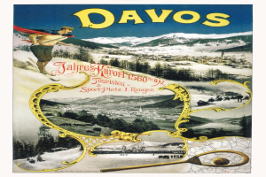 Ein Vintage-Plakat, das den Skiresort Davos in der Schweiz bewirbt, zeigt einen Skifahrer im Vordergrund mit Bäumen, Häusern und Bergen im Hintergrund sowie begleitenden Text.