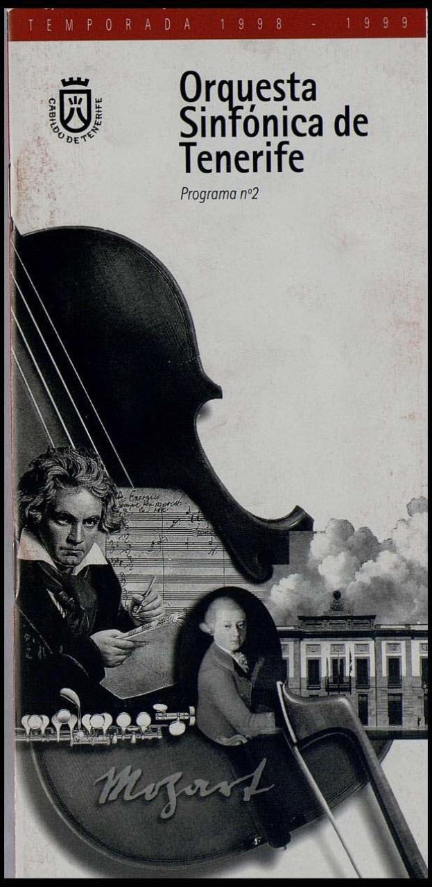 Plakat für Mozarts Symphonie Nr. 2 D-Moll, Op. 63, mit zwei Geigern im Vordergrund und einem Gebäude im Hintergrund, sowie dem Text "Orquesta Sinfónica de Tenerife Programa Nº 2"