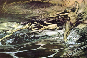 Ein Gemälde namens "Die Meerjungfrauen" von Arthur Rackham zeigt zwei Figuren im Meer: eine Meerjungfrau mit langen dunklen Haaren und einem wallenden Kleid auf der linken Seite und eine Frau in einem smaragdgrünen Kleid auf der rechten Seite, beide mit friedlichen Gesichtern, mit einem tiefblauen Meer und untergehender Sonne im Hintergrund.