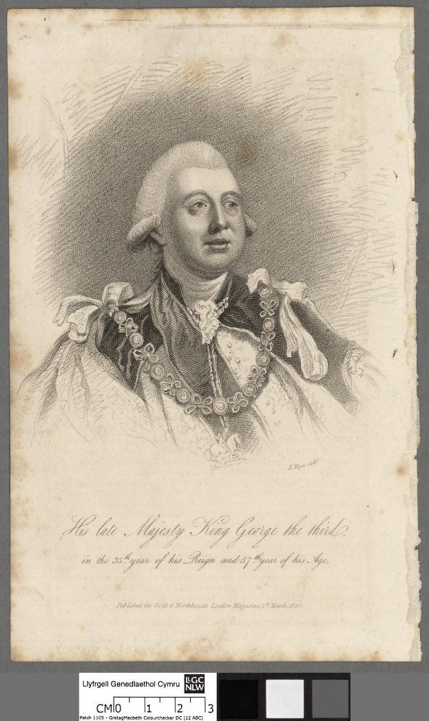 Porträt des Königs Georg III. in königlicher Kleidung mit einem Stück Papier unten mit Text.