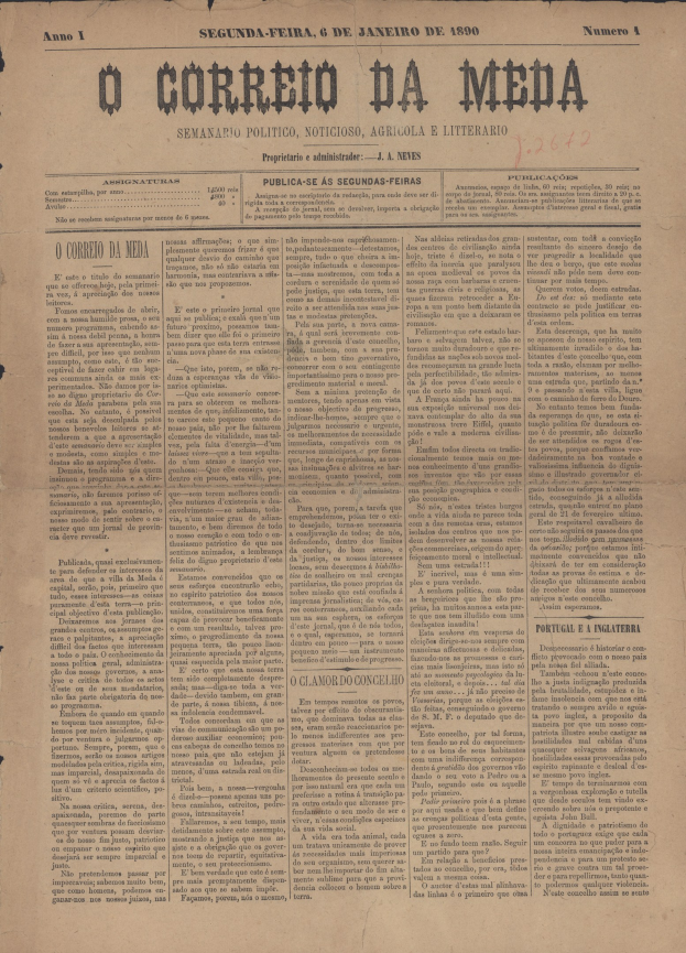Altes, vergilbtes Zeitungsblatt mit der Schlagzeile "O Correio da Media" in schwarzer Schrift.