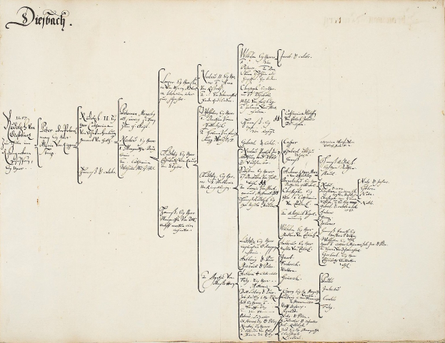 Offenes Buch mit handschriftlicher genealogischer Familiengeschichte einer deutschen Familie, gefüllt mit detaillierten Ahneninformationen.