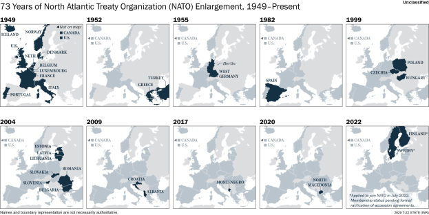 Eine Zeitachsenkarte, die die Erweiterung der NATO von 1949 bis heute zeigt, wobei die Regionen farblich nach dem Jahr des Beitritts unterteilt sind.