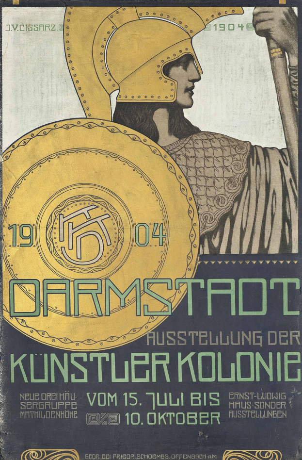 Plakat für ein 1904er Berlin-Konzert mit einem Helmträger, der ein Schild hält, und «Darmstadt» und «Kuenstler Kolonie» in fetter Schrift.