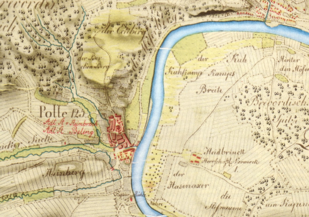 Ausführliche alte Karte von Polle, Deutschland, mit einem Fluss, Straßen, Gebäuden und anderen Merkmalen.