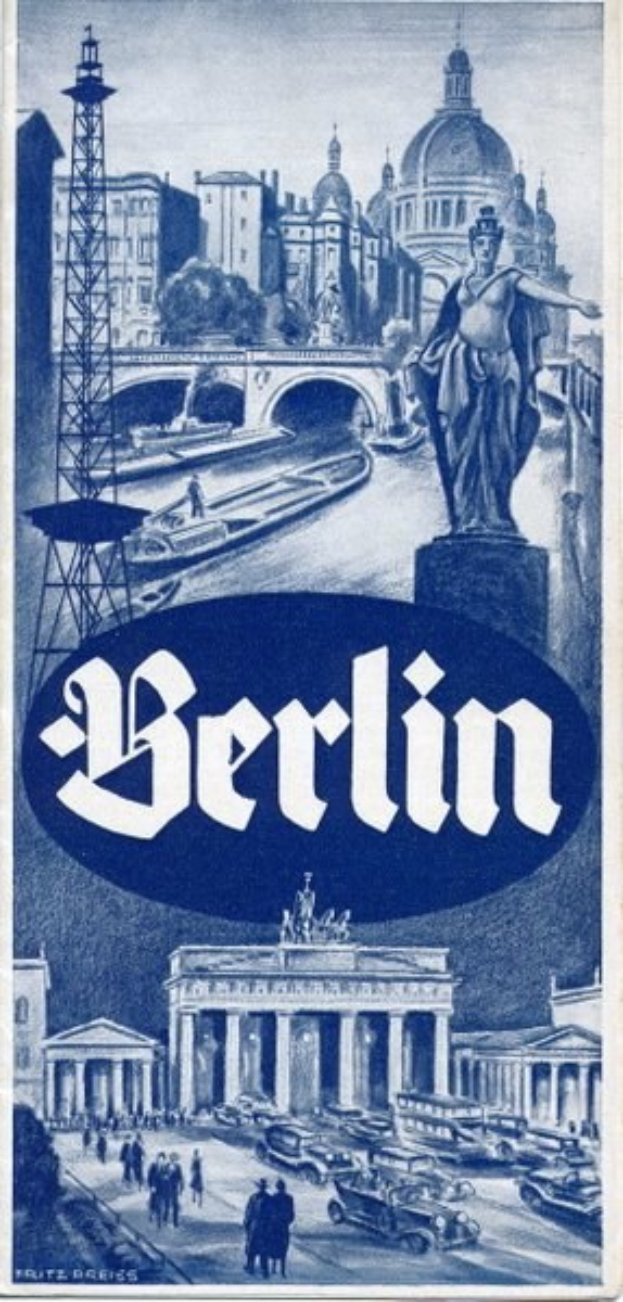 Plakat bewirbt Berlin, Deutschland, mit einer Statue, historischen Gebäuden, einem Turm, Menschen, Fahrzeugen auf einer Straße und einer Brücke, mit Text, der Stadtinformationen bereitstellt.