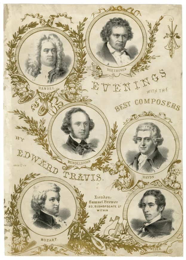 Ein Plakat mit der Aufschrift "Abende Mit Den Besten Komponisten Von Edward Travis", das fünf lächelnde Männer verschiedenen Alters, Geschlechts und Ethnien zeigt, mit dem Text in fetter Schrift und einem dekorativen Rahmen.