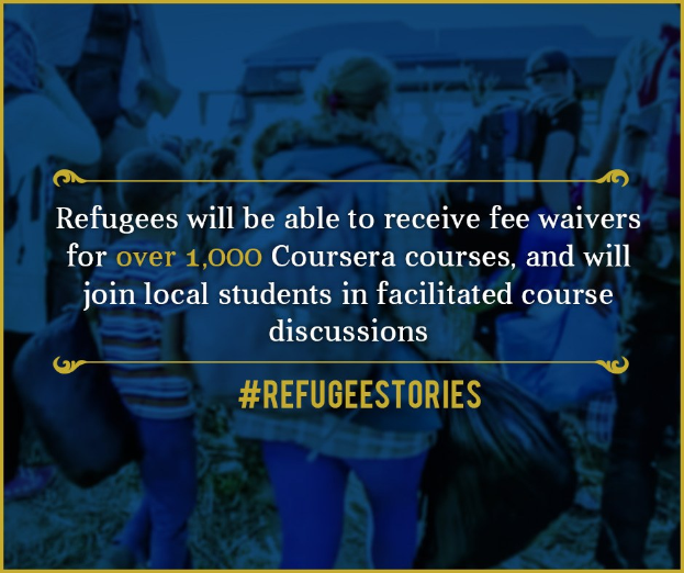 Plakattext states refugees can receive fee waivers for over 1,000 Coursera courses and join facilitated discussions with local students, with several people holding bags in the background.