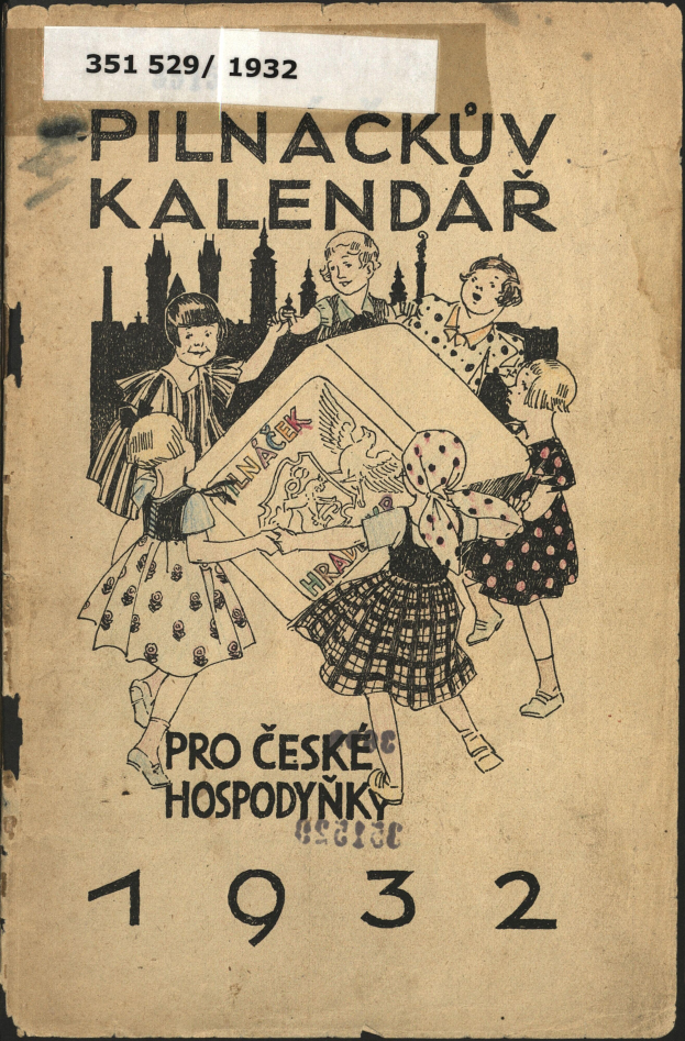 Ein altes Buch mit einem Cover, das eine Gruppe von Kindern, Text und Zahlen zeigt und offenbar ein Kalender ist.