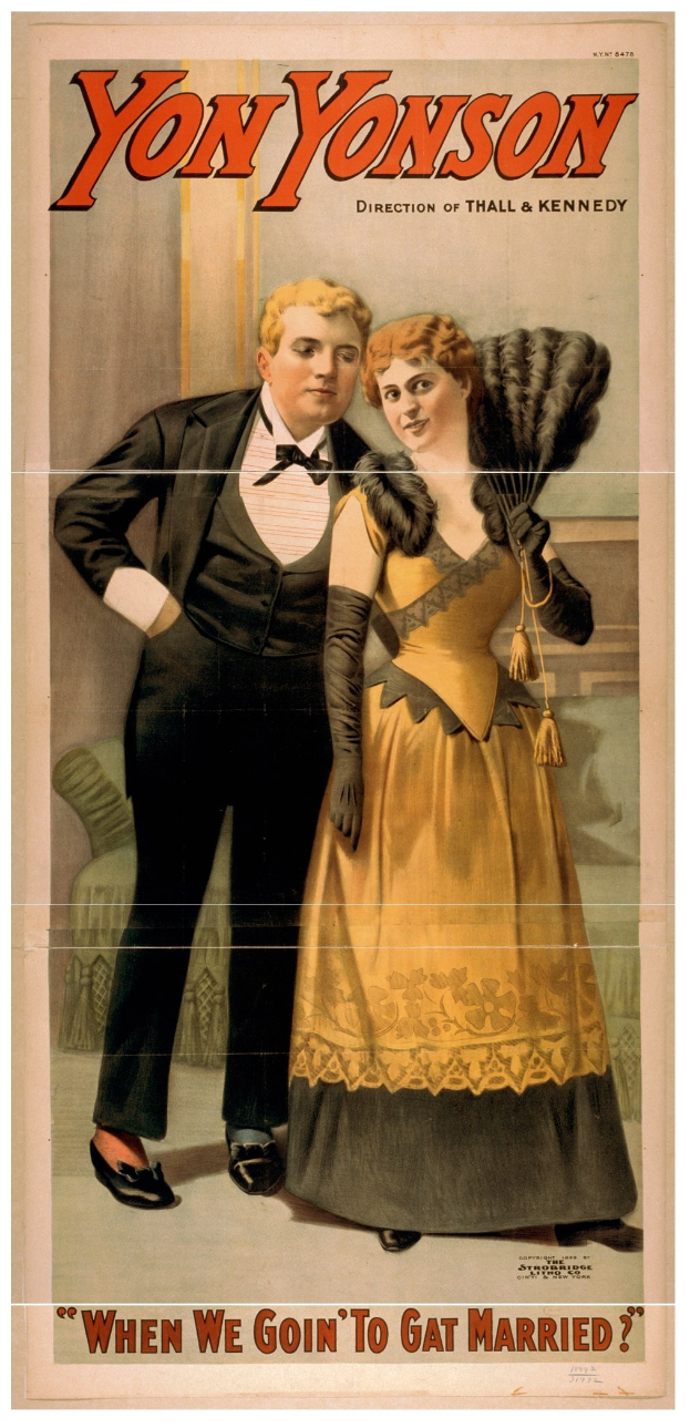 Ein Plakat mit einem Mann in einem schwarzen Blazer, einem weißen Hemd und schwarzen Hosen und einer Frau in einem gelben Kleid mit einem Handfächer, mit der Aufschrift "Wann Wir Heiraten Gehen?"