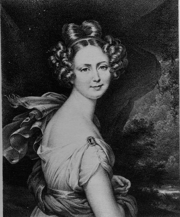 Schwarzes und weißes Porträt von Maria Feodorovna von Russland in einem Kleid mit dunklem Hintergrund, direktem Blick und sanftem Gesichtsausdruck.