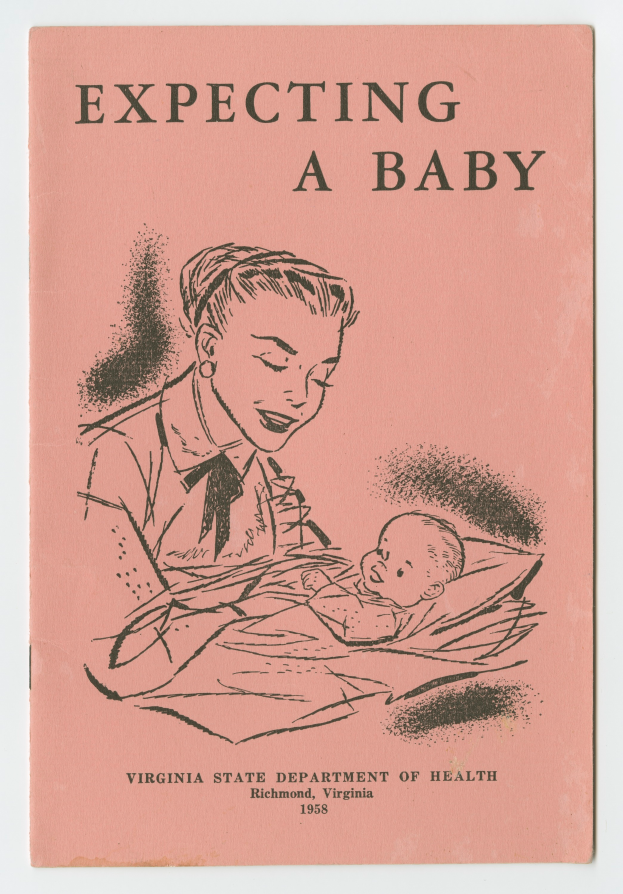 Ein Buchumschlag mit einer Frau, die ein Baby hält, beide mit ausdrucksstarken Gesichtern, mit der Aufschrift 'Erwarten ein Baby'.