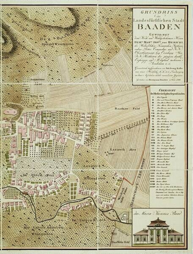 Alte detaillierte Karte von Baden-Württemberg, Deutschland, mit Straßen, Gebäuden und Sehenswürdigkeiten, mit einem Gebäude in der unteren rechten Ecke.