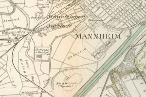 Ein detaillierter alter Stadtplan von Mannheim, Deutschland, mit Straßen, Gebäuden und Sehenswürdigkeiten in Blau-, Grün- und Gelbtönen.