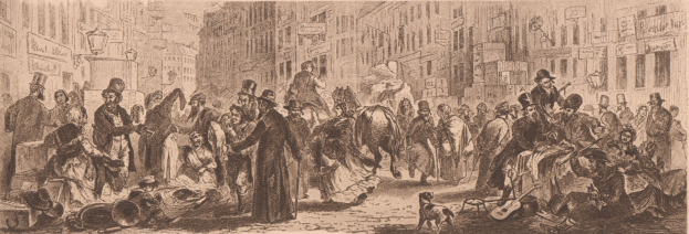 Eine belebte viktorianische Straßenszene in London, England, mit Menschen in historischer Kleidung, die an Gebäuden vorbeigehen.