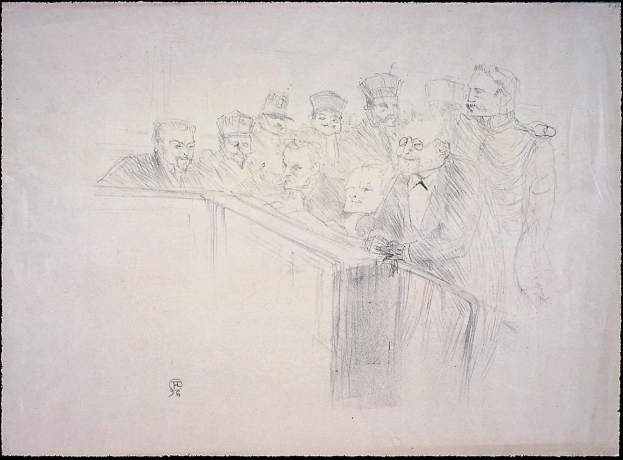 Schwarz-weiß-Zeichnung von Menschen an einem unordentlichen Tisch in einem Gerichtssaal während einer Verhandlung, mit einem schwarzen Rahmen um die Szene.