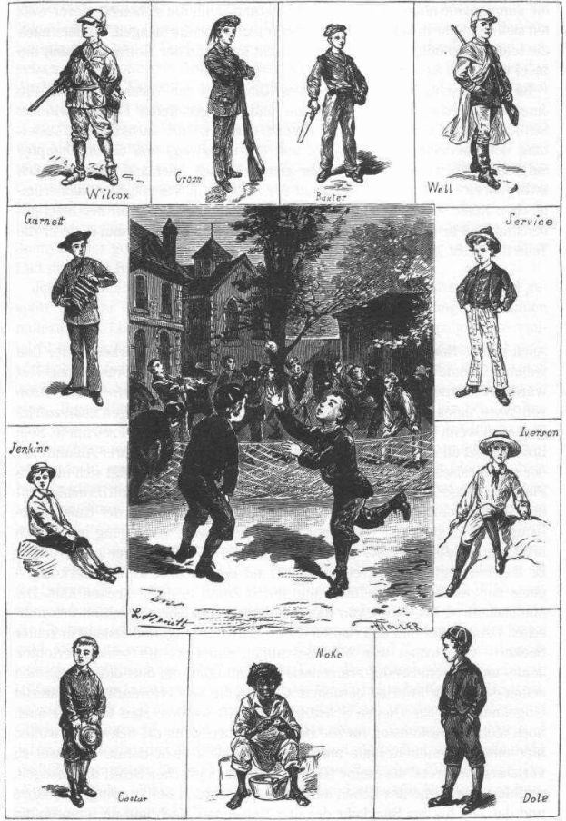 Schwarze und weiße Illustration von Kindern, die Baseball spielen, mit einem Gebäude und Bäumen im Hintergrund, unten mit "Die Geschichte des Baseballs" beschriftet.